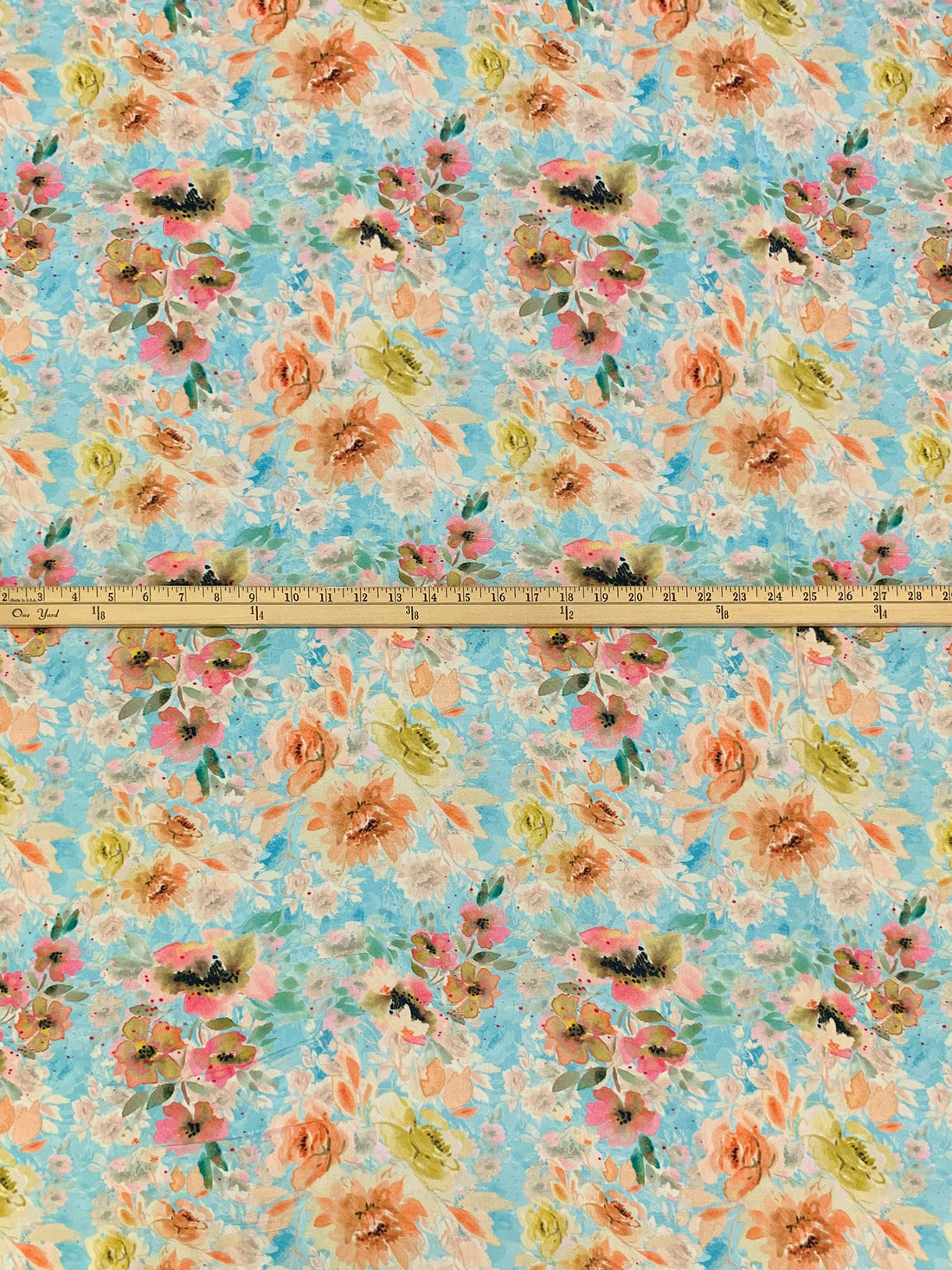 Soft Blue/Ruddy Pink/Old Gold/Multi 100% Rayon Floral Print Challis 58W