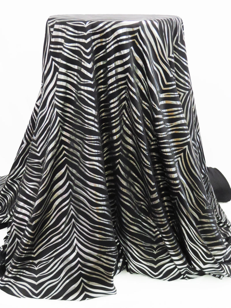 Black/Silver Polyester/Spandex Abstract Irregular Chevron Foil Print Activewear Knit - Elite Sportswear - 56W