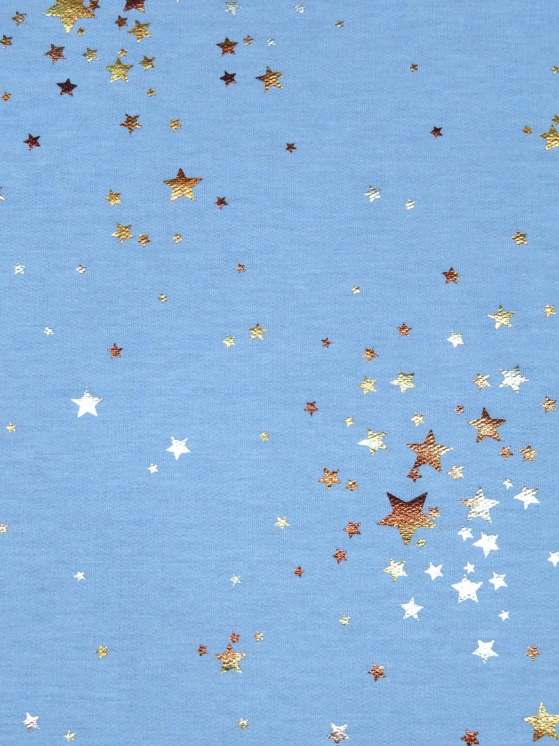 Cornflower/Silver/Gold Polyester/Lycra Star Cluster Foil Print On French Terry Knit 60W