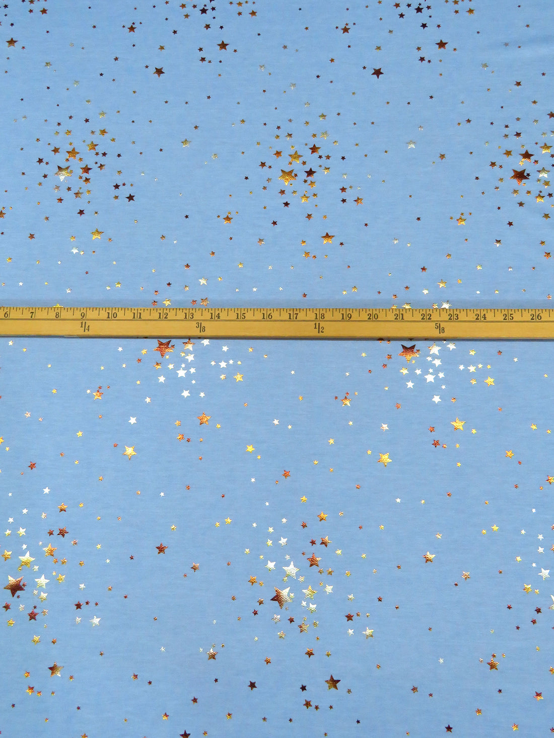 Cornflower/Silver/Gold Polyester/Lycra Star Cluster Foil Print On French Terry Knit 60W