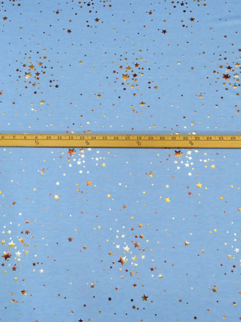 Cornflower/Silver/Gold Polyester/Lycra Star Cluster Foil Print On French Terry Knit 60W