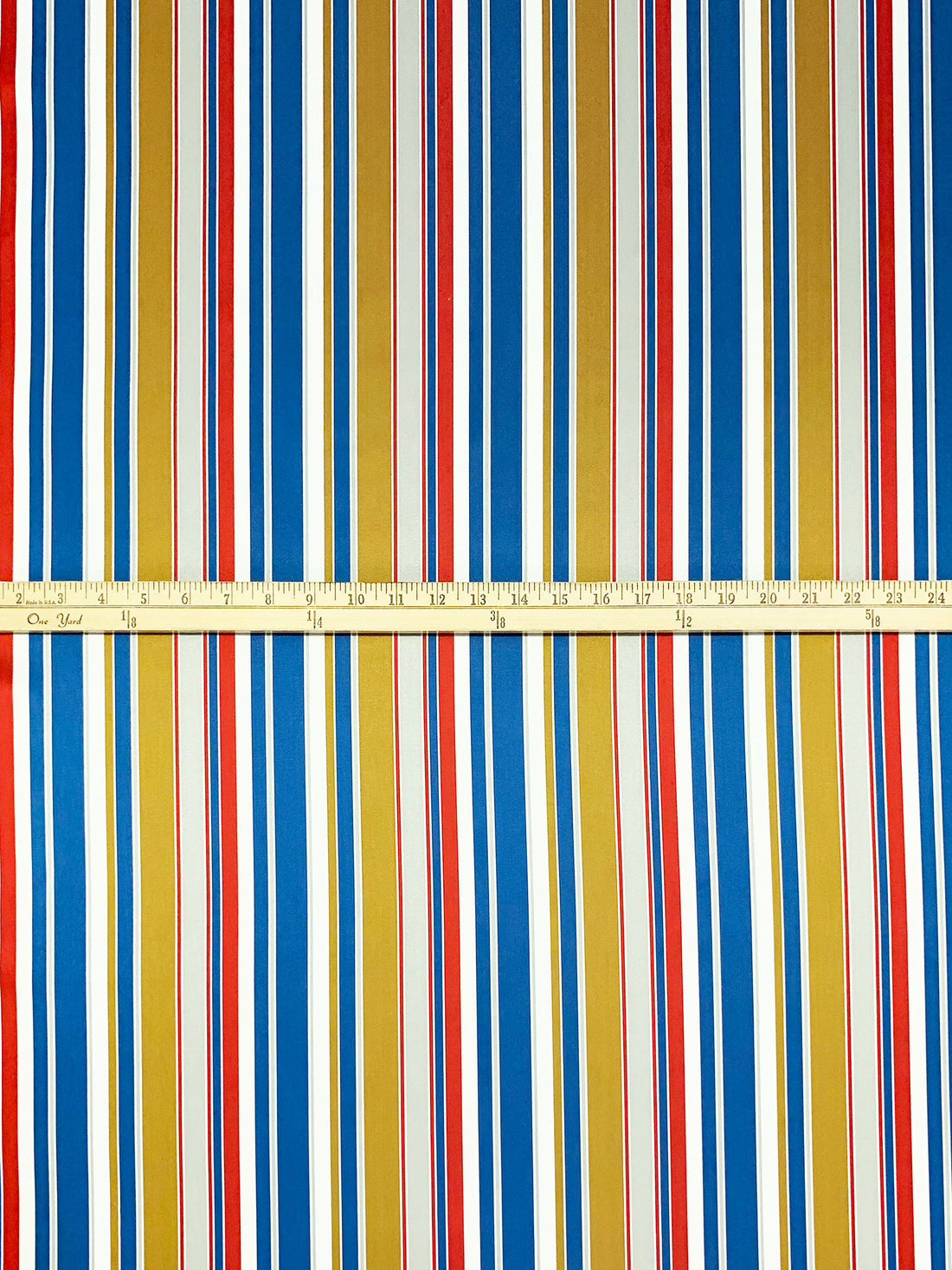 Lapis Blue/White/Antique Gold/Multi 100% Polyester Vertical Stripe Satin Coat Lining - Imported From Japan - 26W