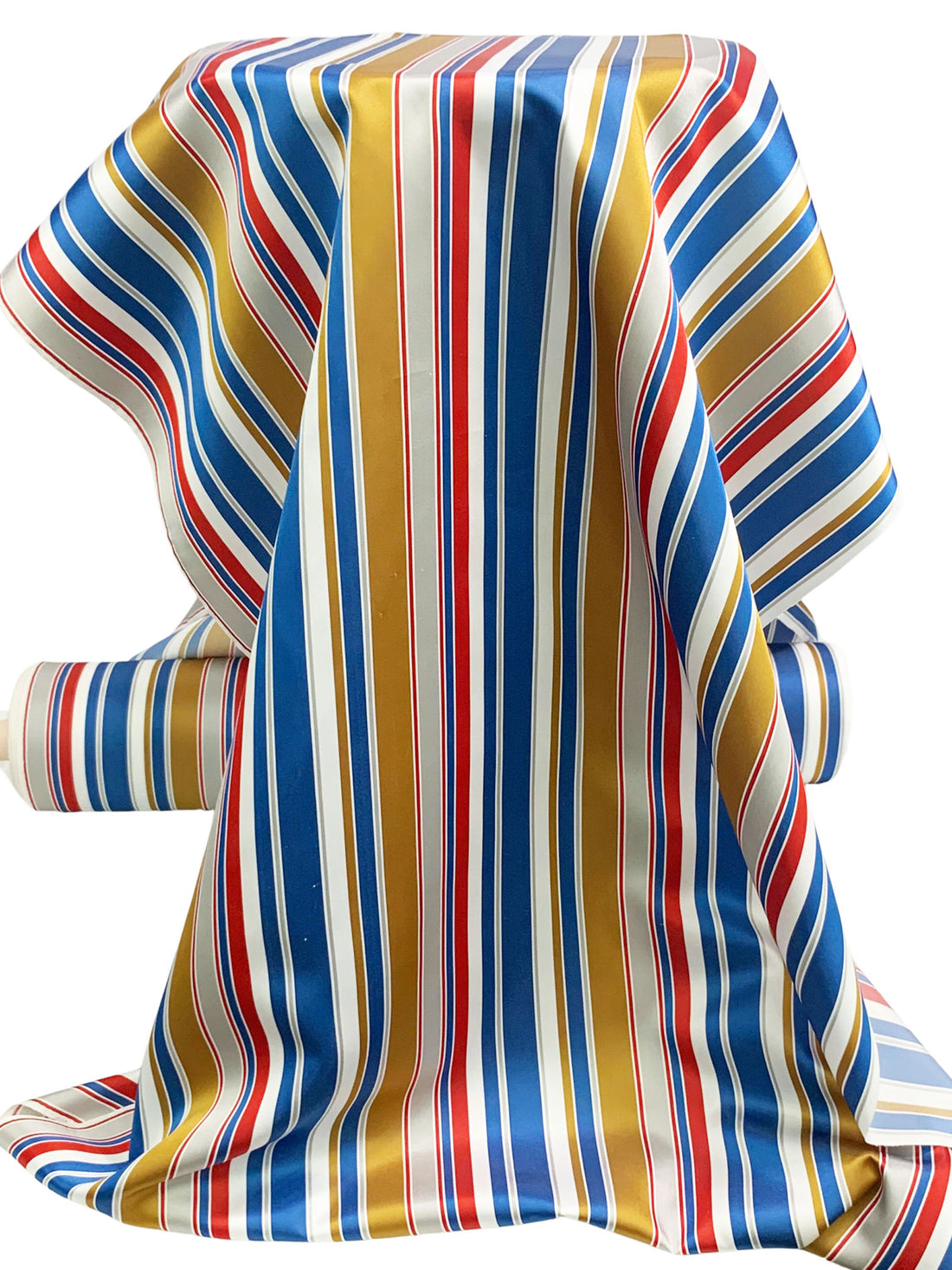 Lapis Blue/White/Antique Gold/Multi 100% Polyester Vertical Stripe Satin Coat Lining - Imported From Japan - 26W