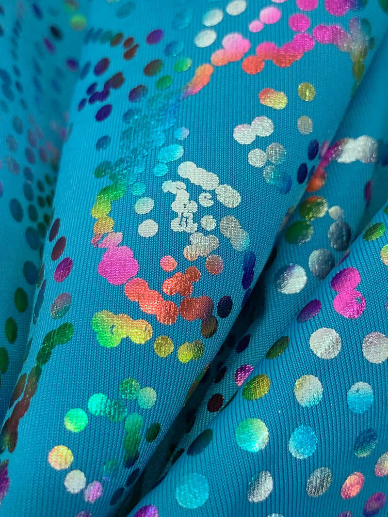 Teal Blue/Multi Polyester/Spandex Diagonal Dotted Floral Foil Print Activewear Knit - Elite Sportswear - 60W