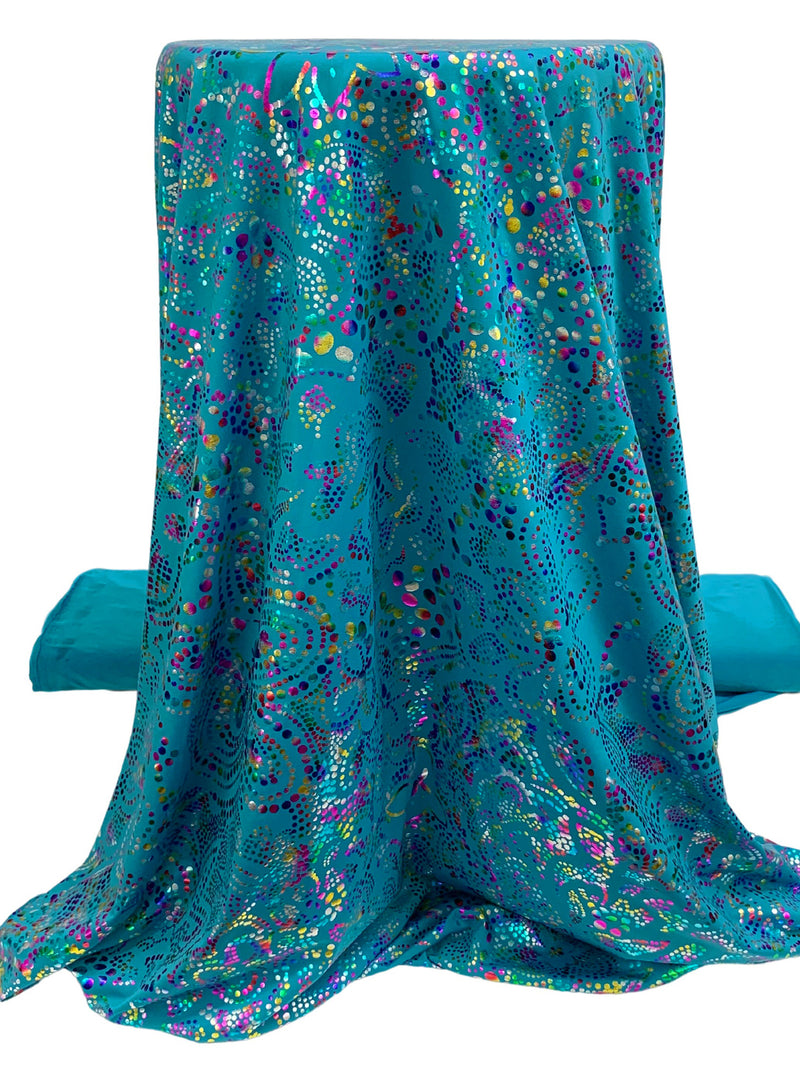 Teal Blue/Multi Polyester/Spandex Diagonal Dotted Floral Foil Print Activewear Knit - Elite Sportswear - 60W