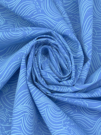 Cool Blue/White 100% Polyester Crashing Waves Print Poplin 60W
