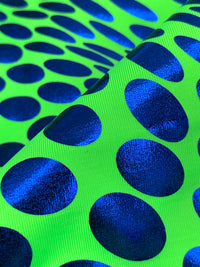 Lemon Lime/Vivid Blue Polyester/Spandex Abstract Wavy Dot Foil Print Activewear Knit - Elite Sportswear - 56W