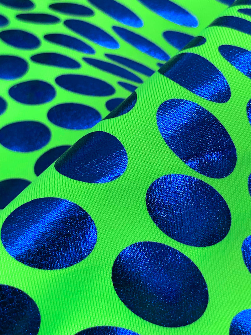 Lemon Lime/Vivid Blue Polyester/Spandex Abstract Wavy Dot Foil Print Activewear Knit - Elite Sportswear - 56W