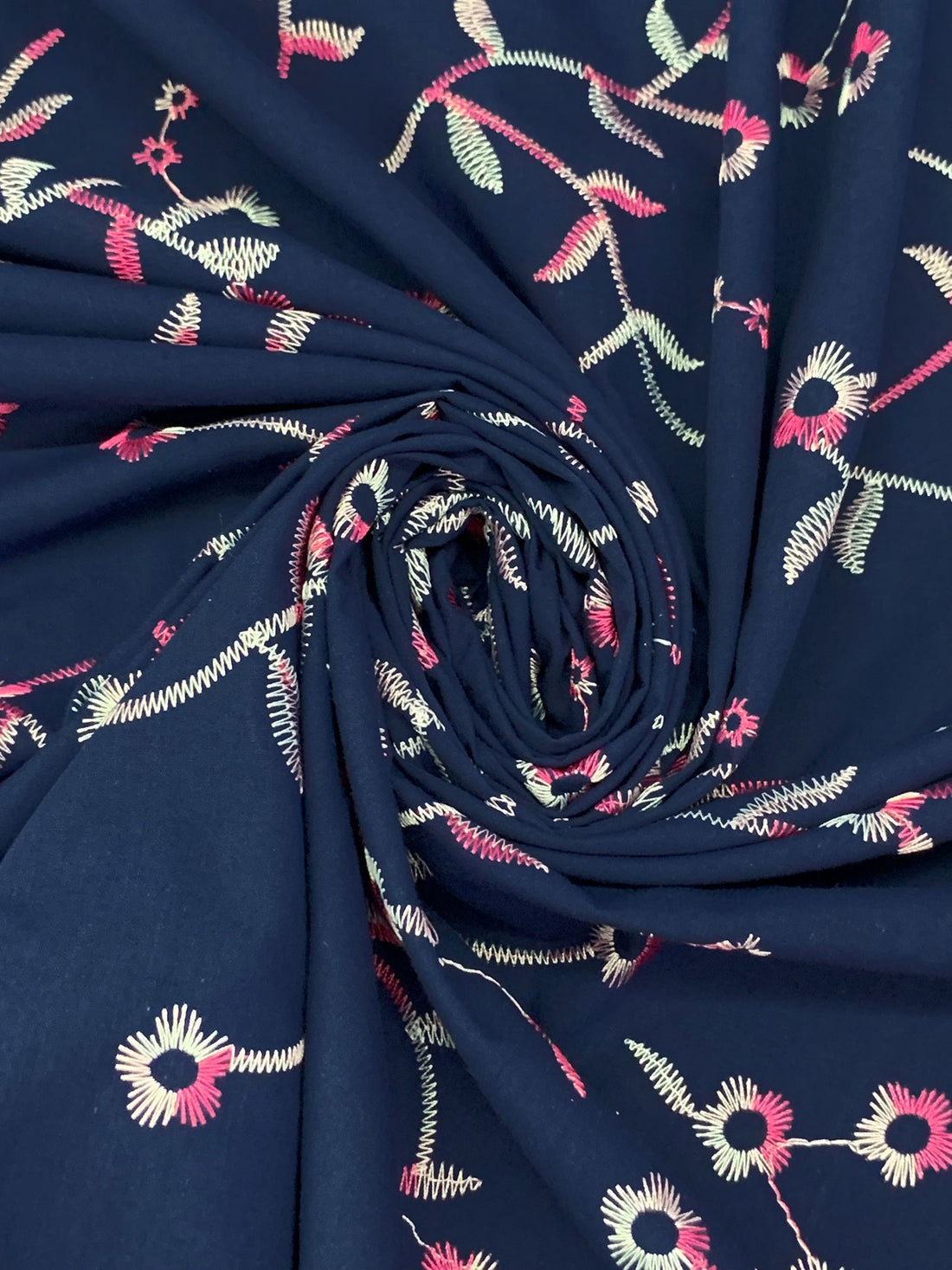 Navy/Pink/White Cotton/Polyester Embroidered Floral Voile 57W