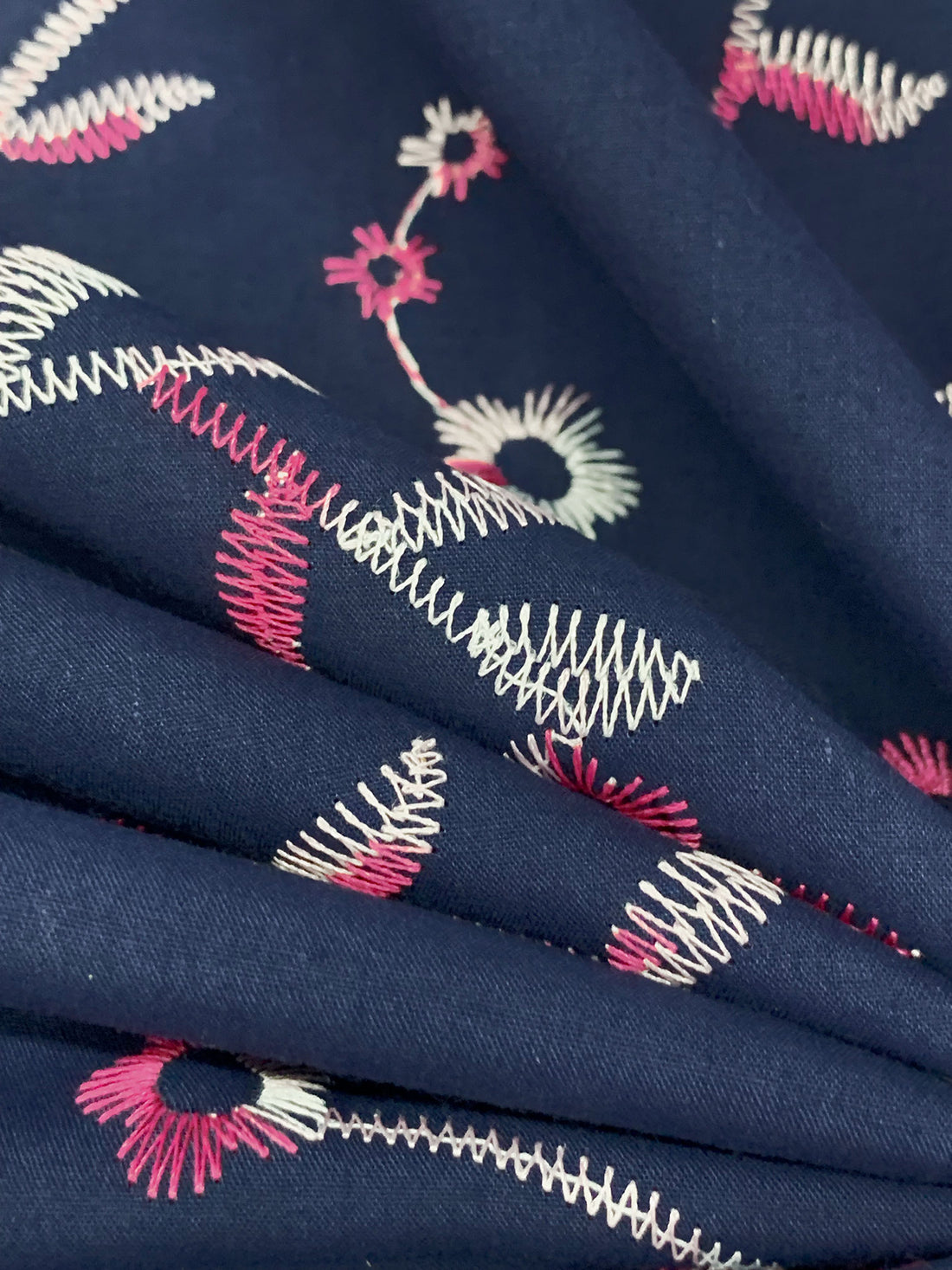 Navy/Pink/White Cotton/Polyester Embroidered Floral Voile 57W