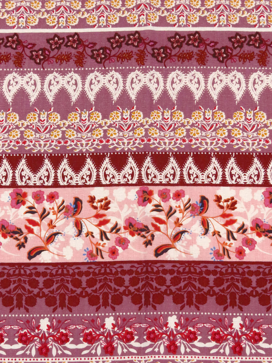 Turkish Rose/Rosewood/Off-White/Multi 100% Rayon Floral & Paisley Horizontal Stripe Print Jacquard Challis 56W