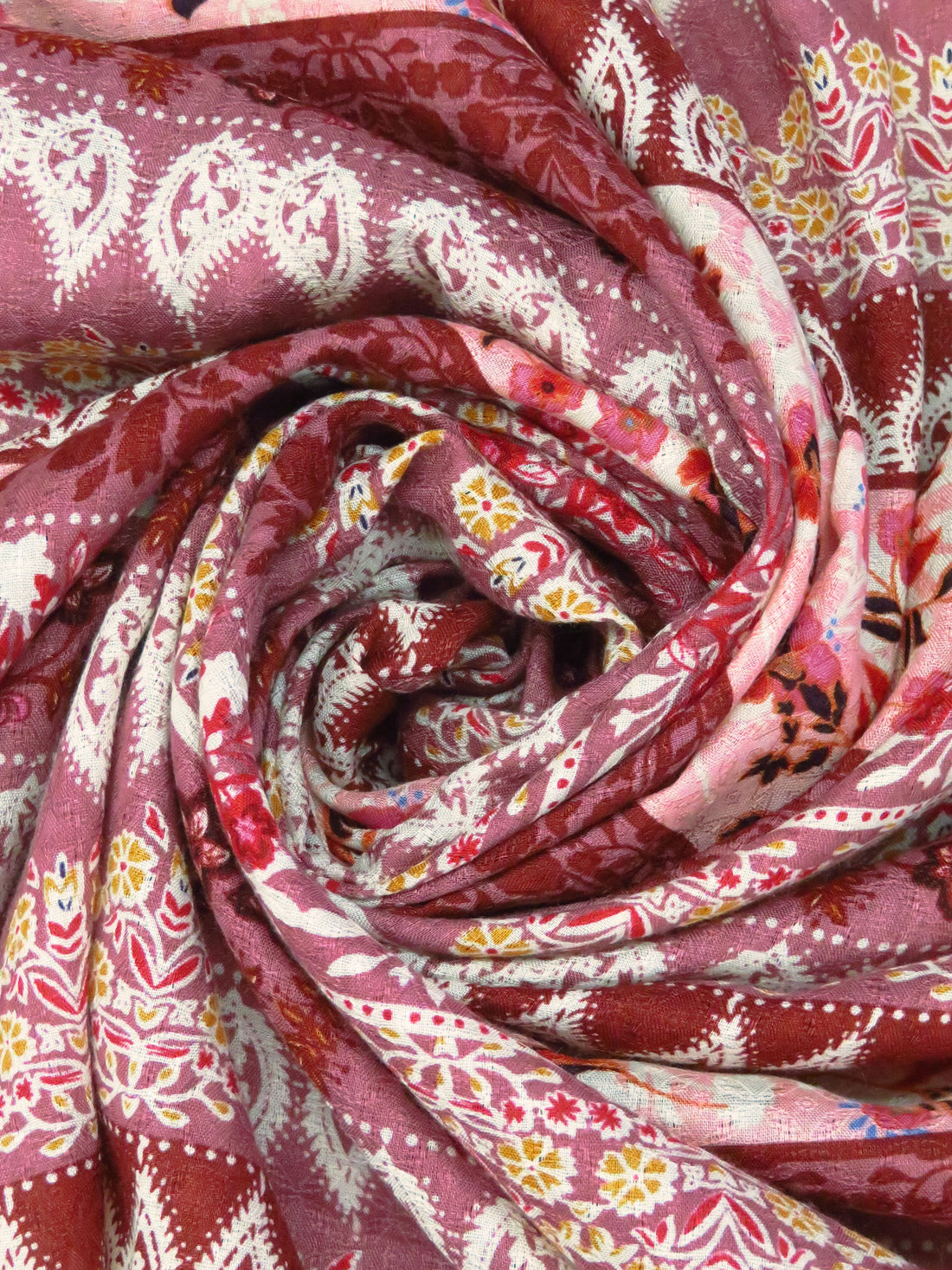 Turkish Rose/Rosewood/Off-White/Multi 100% Rayon Floral & Paisley Horizontal Stripe Print Jacquard Challis 56W