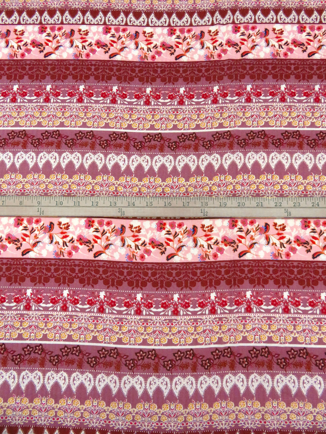 Turkish Rose/Rosewood/Off-White/Multi 100% Rayon Floral & Paisley Horizontal Stripe Print Jacquard Challis 56W