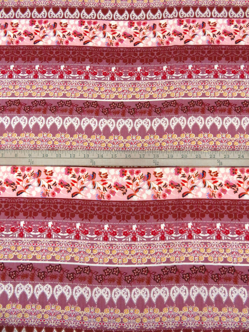 Turkish Rose/Rosewood/Off-White/Multi 100% Rayon Floral & Paisley Horizontal Stripe Print Jacquard Challis 56W