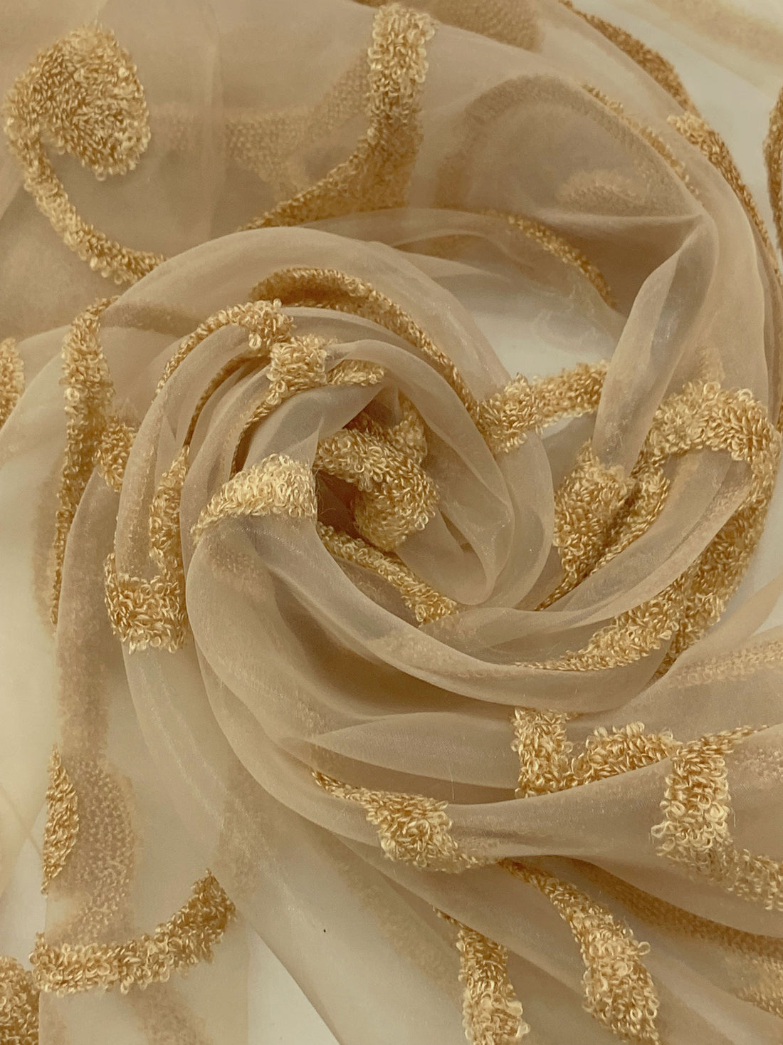 Pale Oak Cotton/Nylon Terry Loop Scrolls Embellished Organza 58W