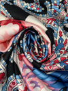 Cerulean Frost/Melon Pink/Black/Crimson 100% Polyester Ornate Paisley Floral Scrolls Print Charmeuse - Famous Dress Designer - 56W