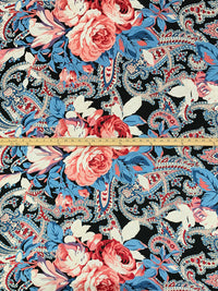 Cerulean Frost/Melon Pink/Black/Crimson 100% Polyester Ornate Paisley Floral Scrolls Print Charmeuse - Famous Dress Designer - 56W