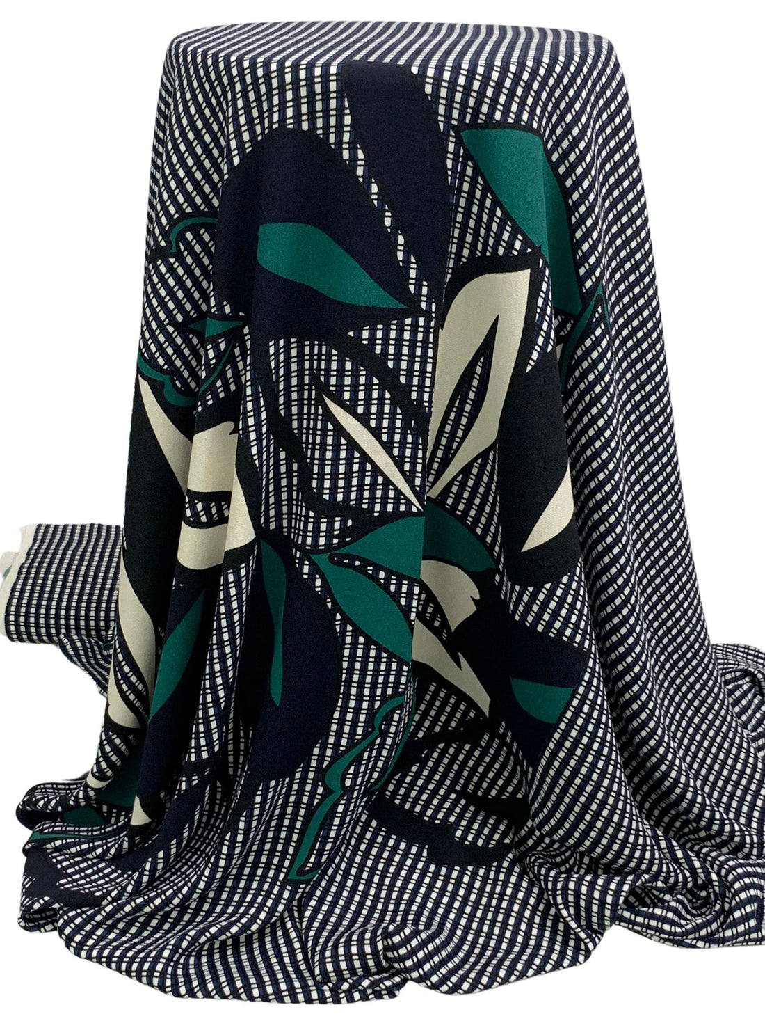 SOLD BY THE PANEL ONLY - Midnight Navy/Off-White/Black/Multi 100% Rayon Floral Over Grid Print Crepe Blouse Weight Woven 52W