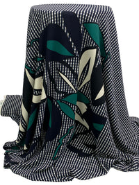 SOLD BY THE PANEL ONLY - Midnight Navy/Off-White/Black/Multi 100% Rayon Floral Over Grid Print Crepe Blouse Weight Woven 52W