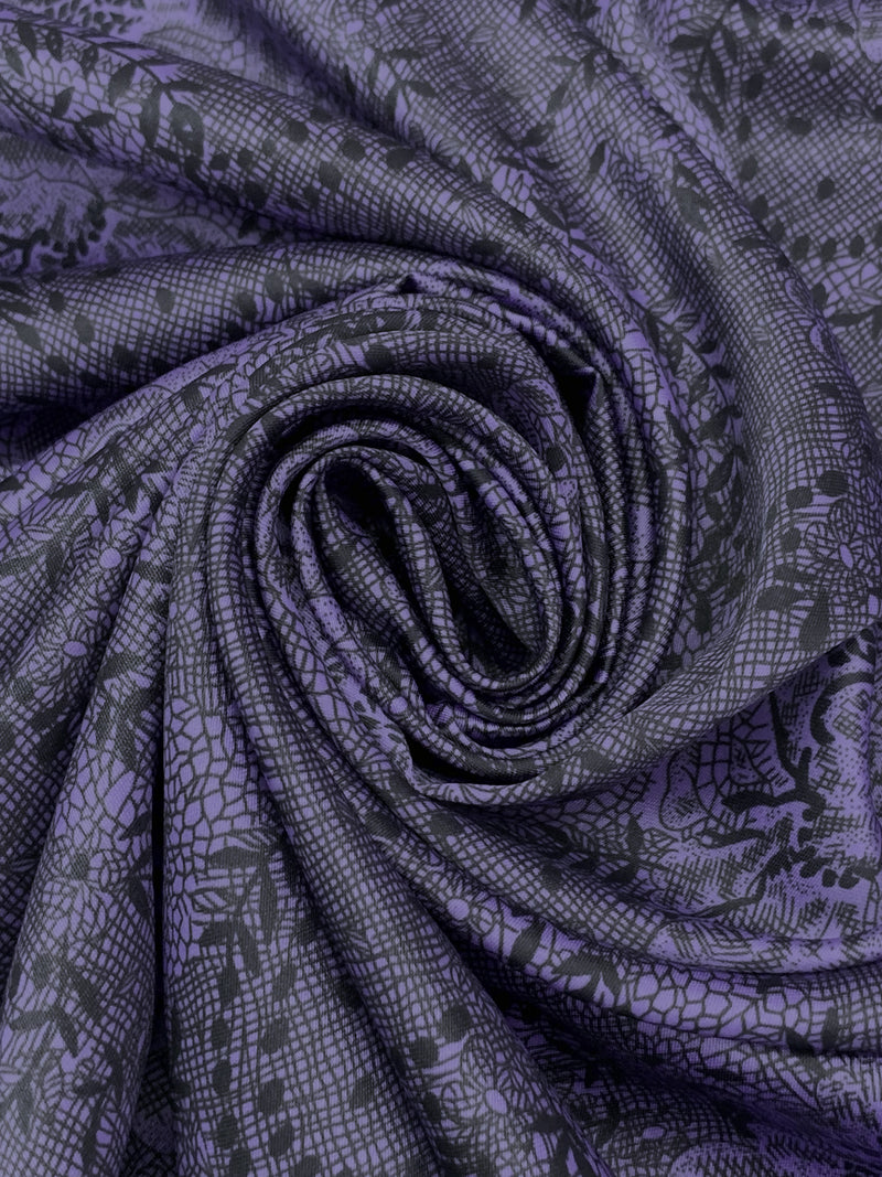 Lavender/Black 100% Polyester Abstract Sketch Floral Print Charmeuse - Famous Dress Designer - 58W