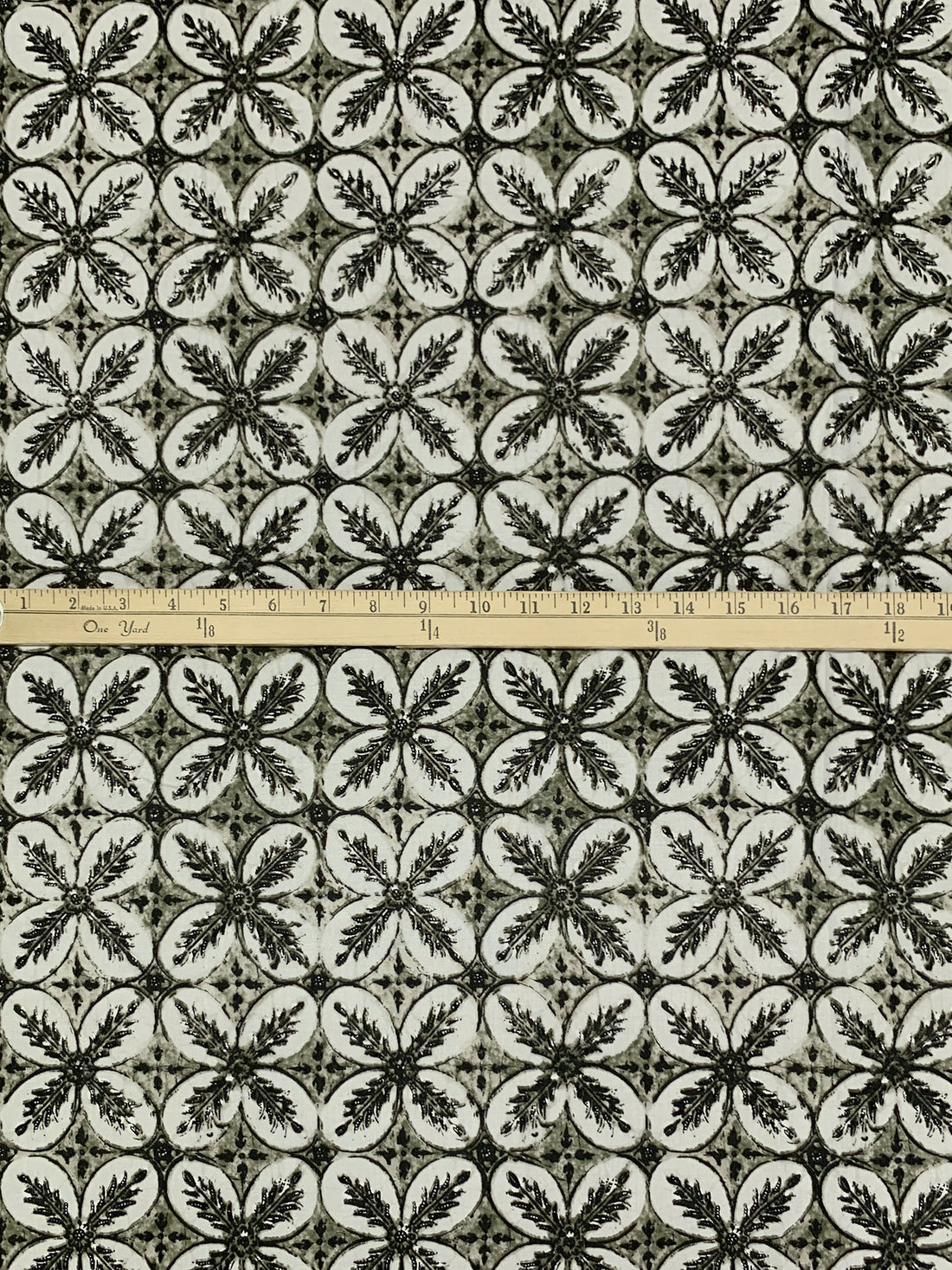 Old Bamboo/Off-White/Black 100% Cotton Floral Medallion Print Shirting 42W
