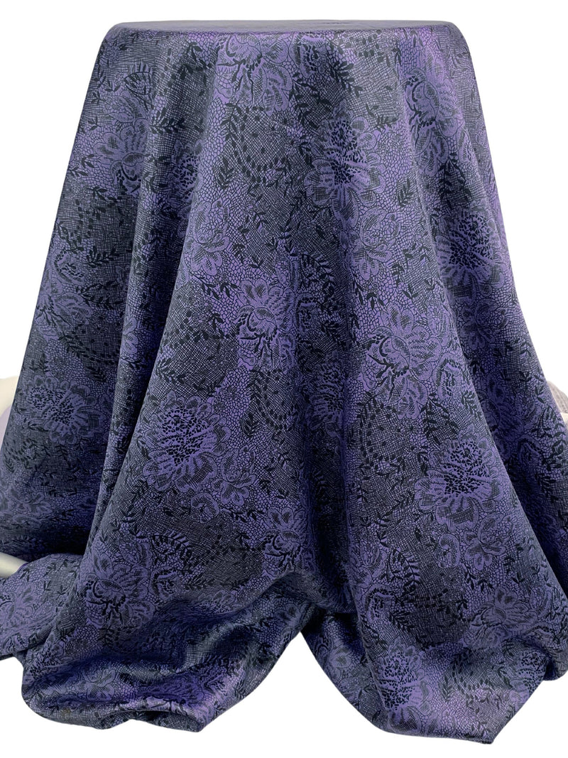 Lavender/Black 100% Polyester Abstract Sketch Floral Print Charmeuse - Famous Dress Designer - 58W