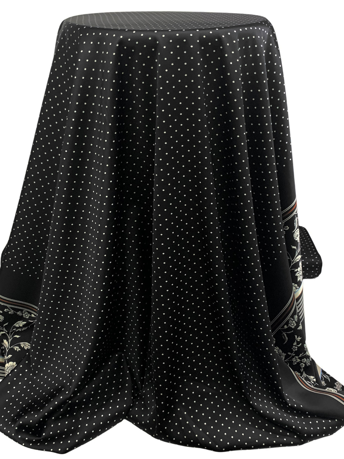 Black/Off-White/Brown/Light Blue Polyester/Lycra Floral Double Border Polka Dot Print Drapey Stretch Satin 57W