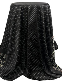 Black/Off-White/Brown/Light Blue Polyester/Lycra Floral Double Border Polka Dot Print Drapey Stretch Satin 57W