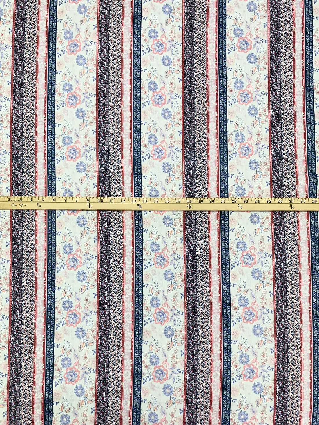 Alabaster/Prussian Blue/Chestnut/Multi 100% Rayon Vertical Floral Stripe Print Crinkle Challis 56W