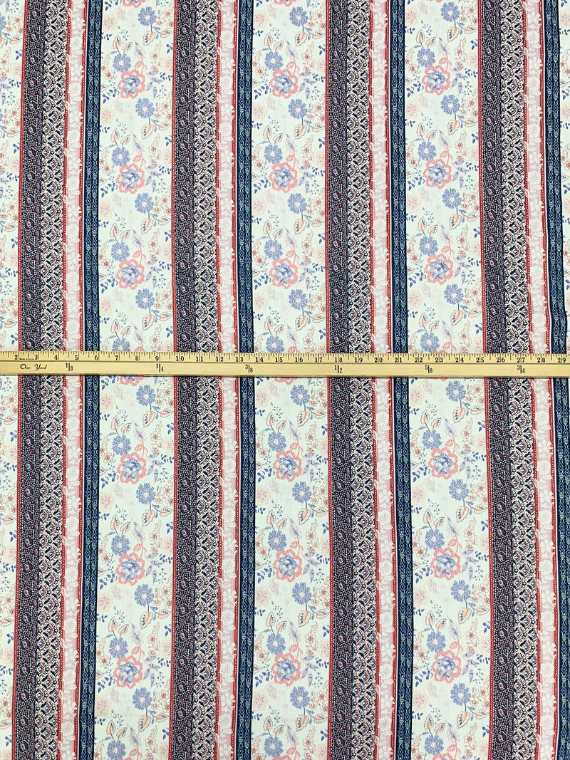 Alabaster/Prussian Blue/Chestnut/Multi 100% Rayon Vertical Floral Stripe Print Crinkle Challis 56W