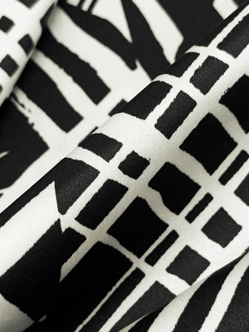 Black/Off-White Polyester/Lycra Abstract Crosshatch Print Stretch Charmeuse - Famous Dress Designer - 60W