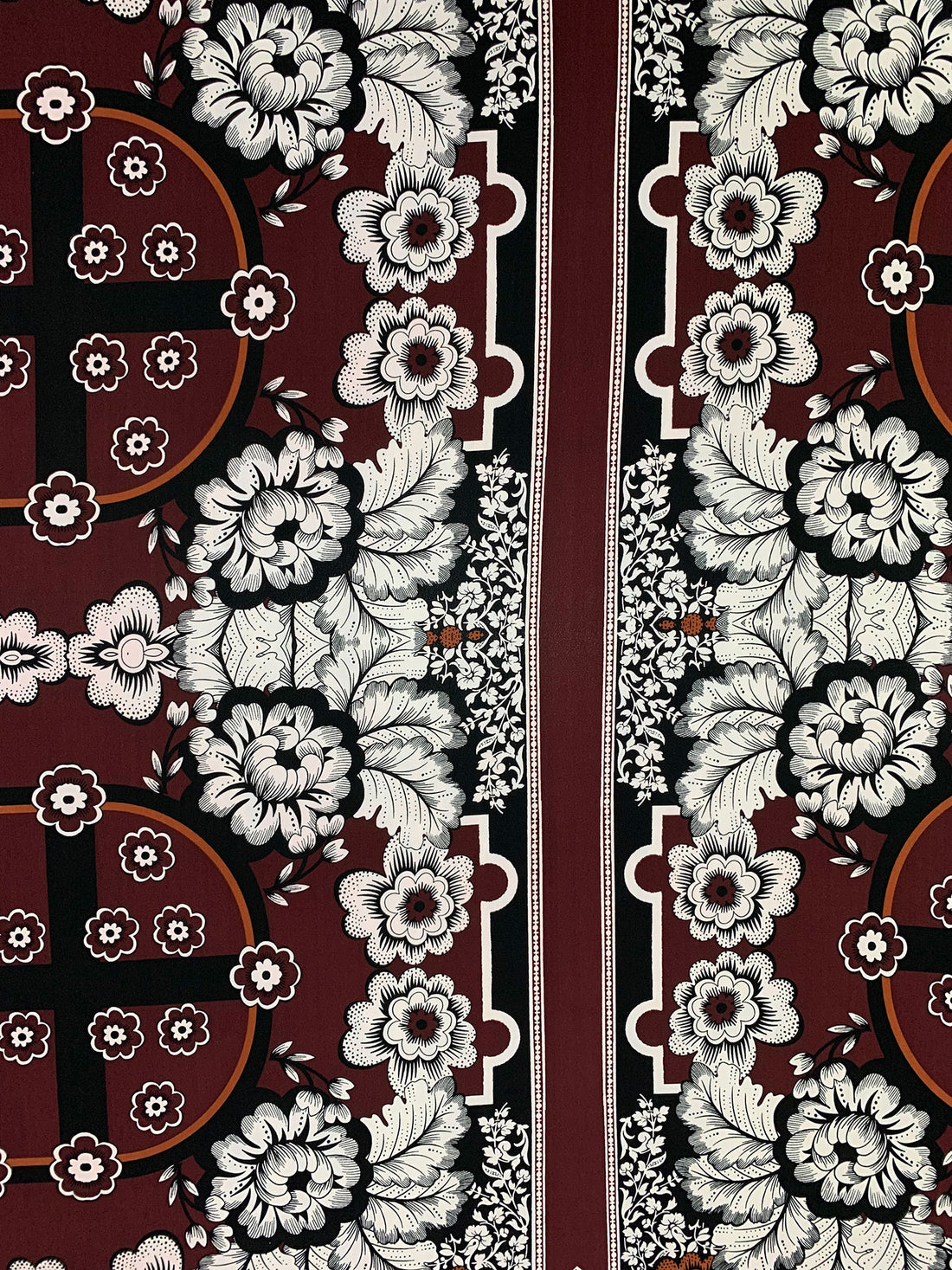 Brown/White/Black/Copper 100% Polyester Large Ornate Floral Framework Print Crepe Blouse Weight Woven 58W
