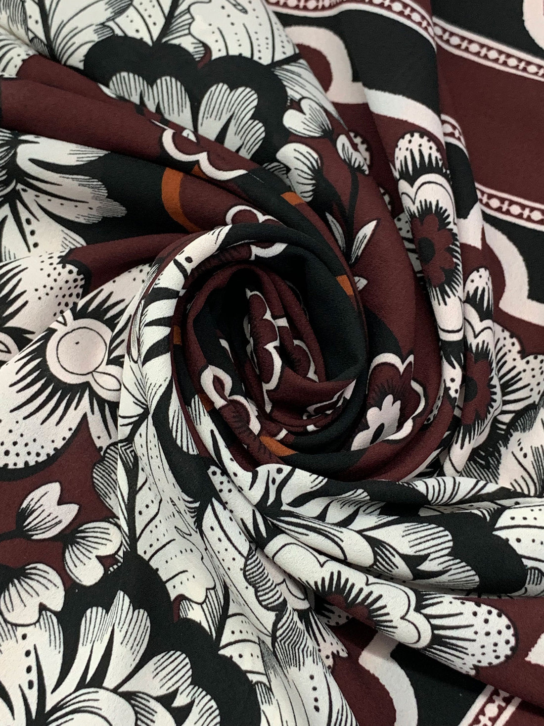 Brown/White/Black/Copper 100% Polyester Large Ornate Floral Framework Print Crepe Blouse Weight Woven 58W