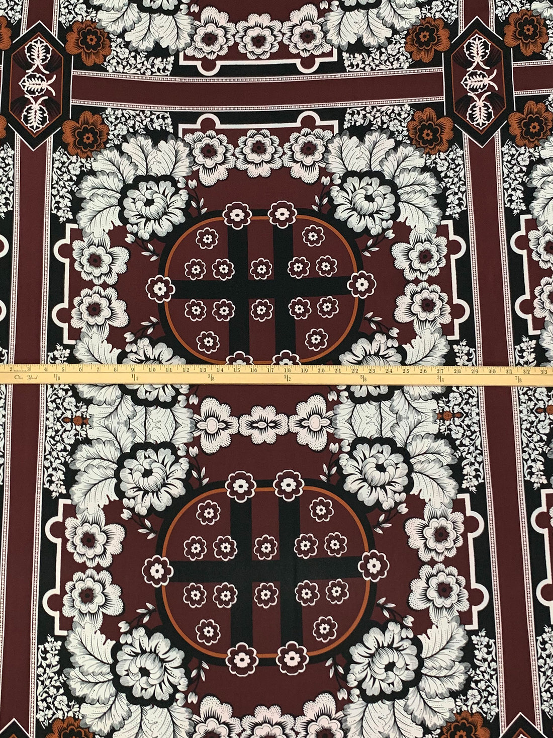 Brown/White/Black/Copper 100% Polyester Large Ornate Floral Framework Print Crepe Blouse Weight Woven 58W