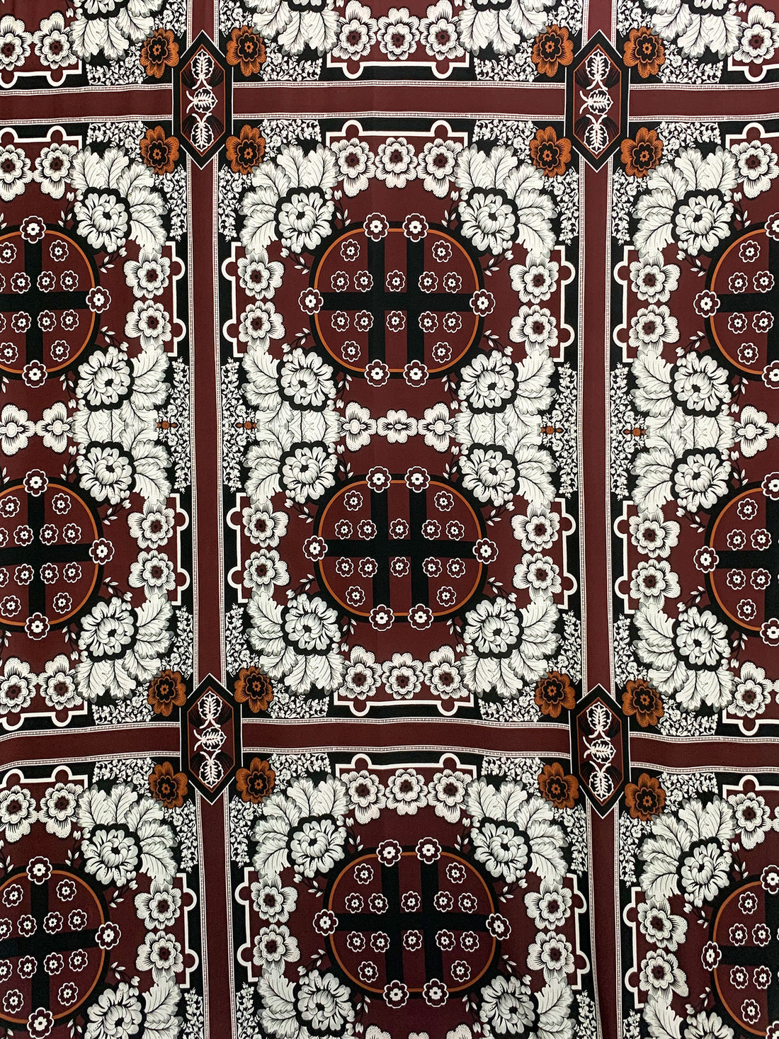 Brown/White/Black/Copper 100% Polyester Large Ornate Floral Framework Print Crepe Blouse Weight Woven 58W