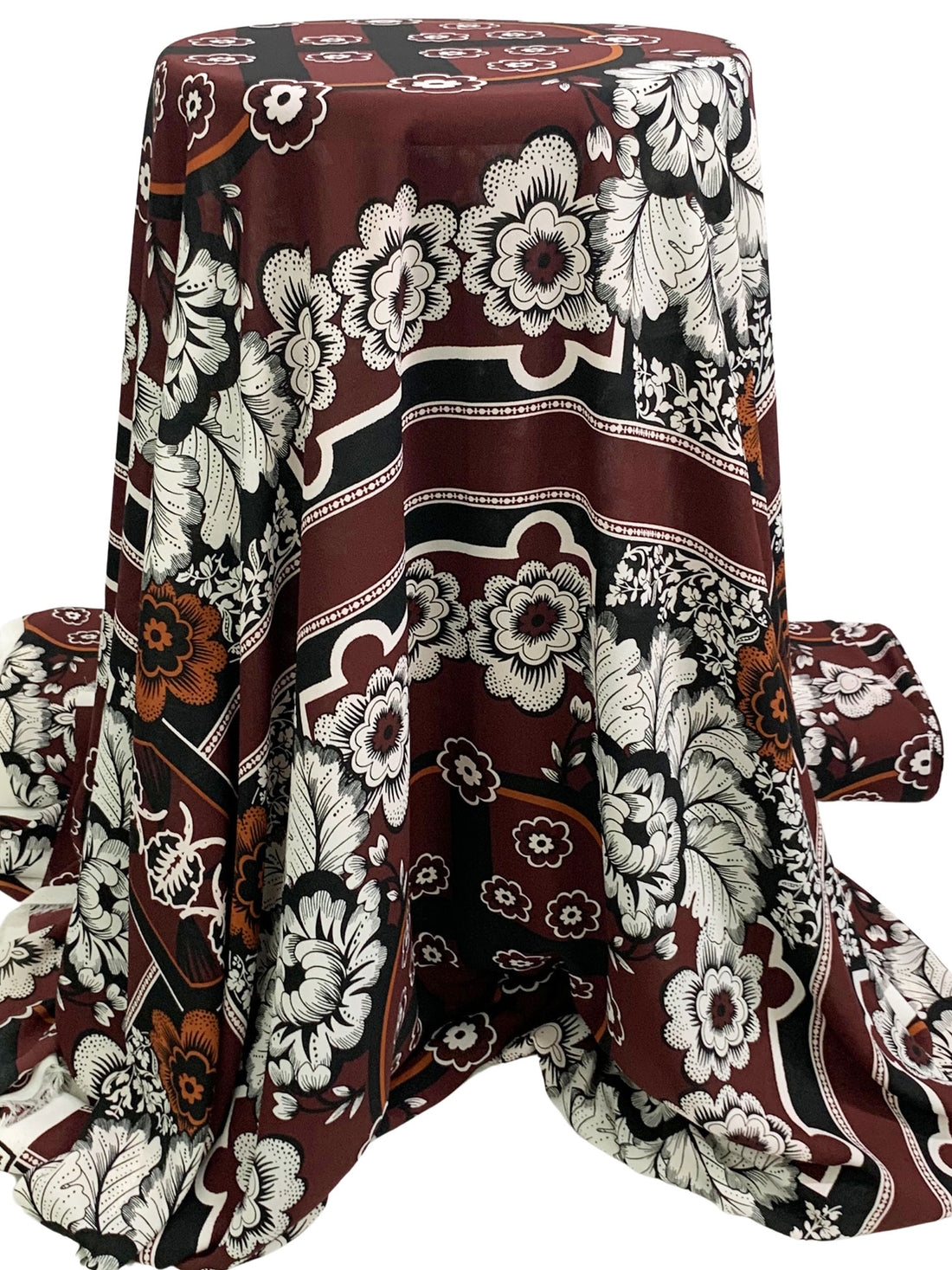 Brown/White/Black/Copper 100% Polyester Large Ornate Floral Framework Print Crepe Blouse Weight Woven 58W