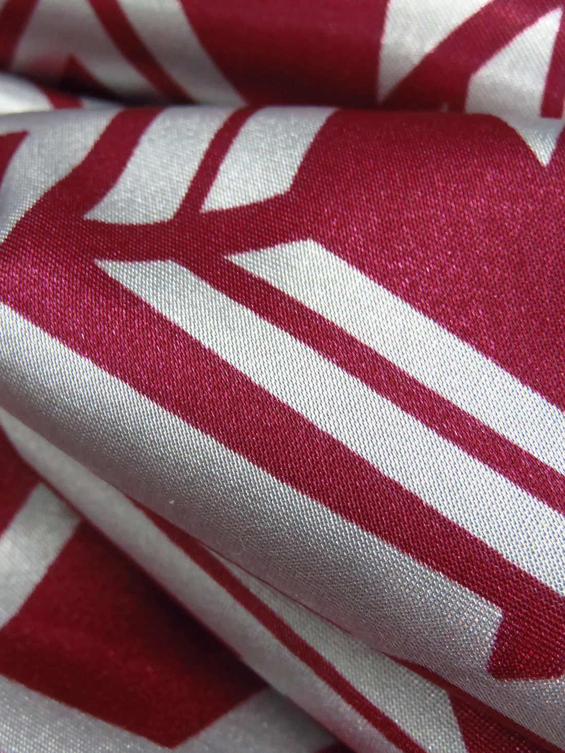 ** SOLD AS A PANEL** Vivid Burgundy/Light Silver 100% Polyester Geometric Print Charmeuse - Famous Dress Designer - 58W