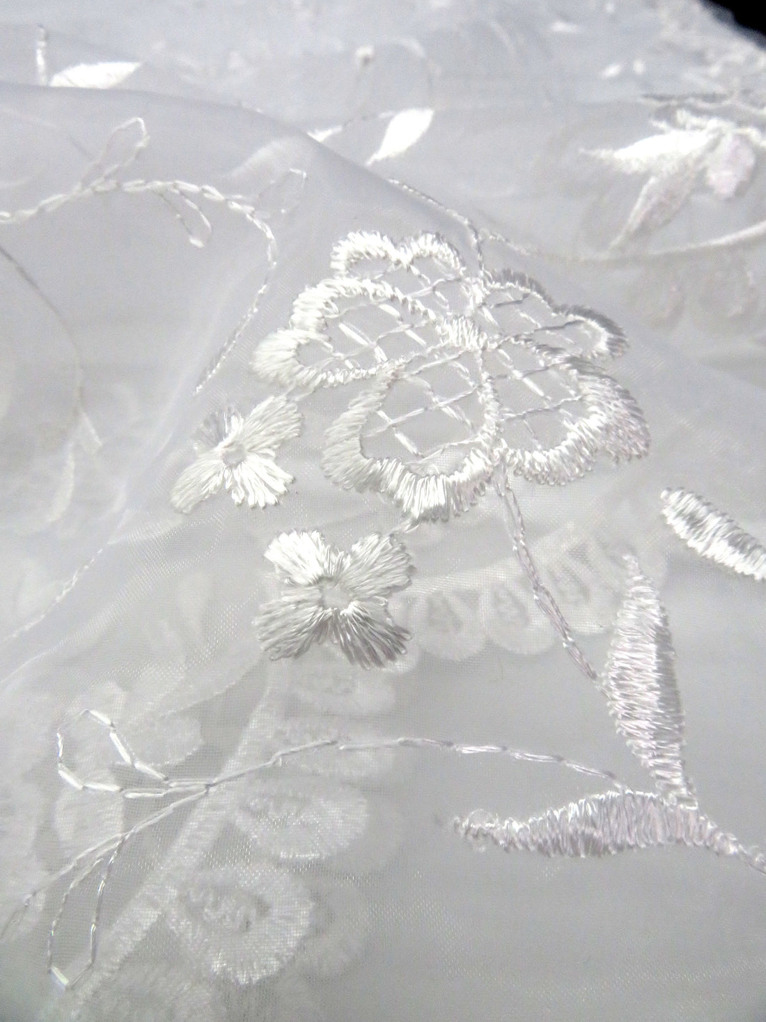 Ghost White 100% Polyester Embroidered Scalloped Single Border Floral Design Organza 58W