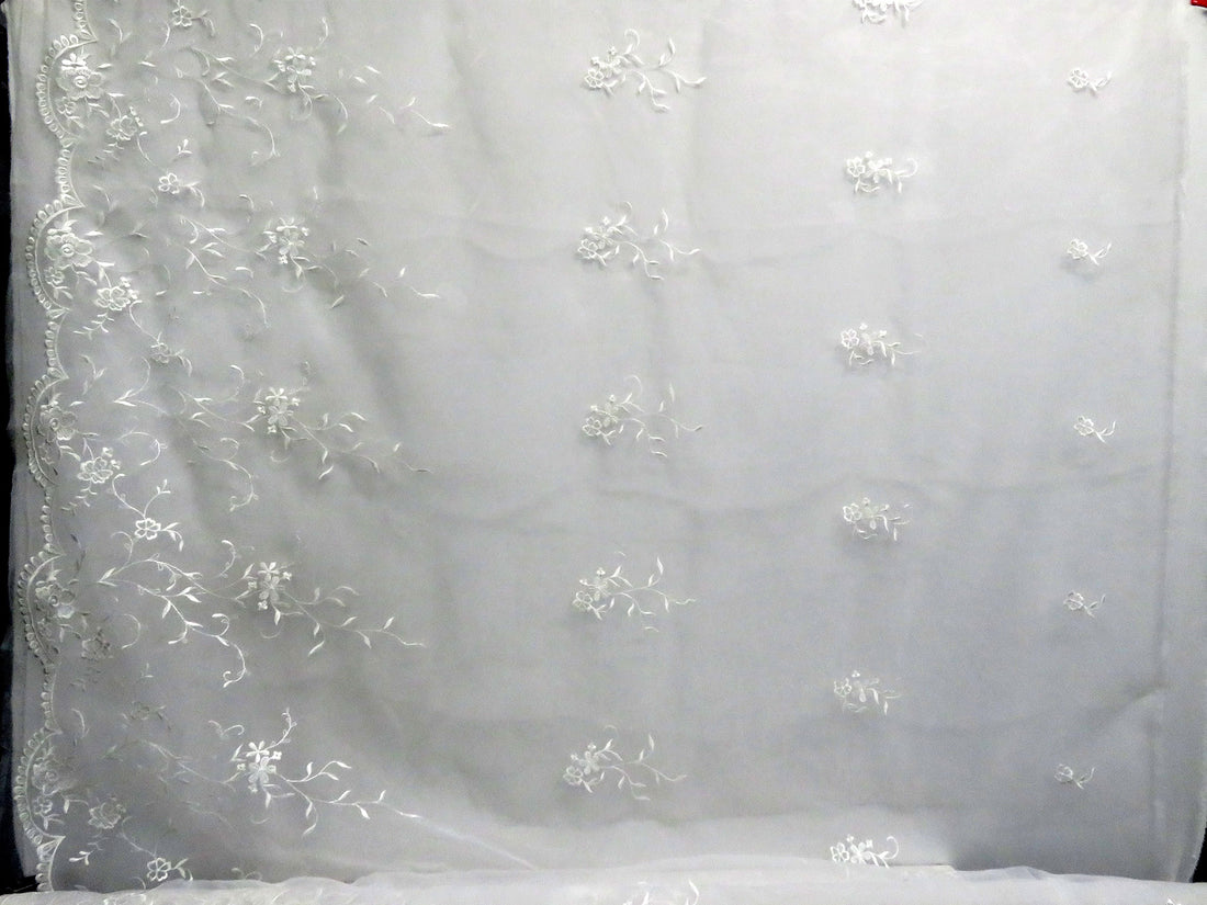 Ghost White 100% Polyester Embroidered Scalloped Single Border Floral Design Organza 58W