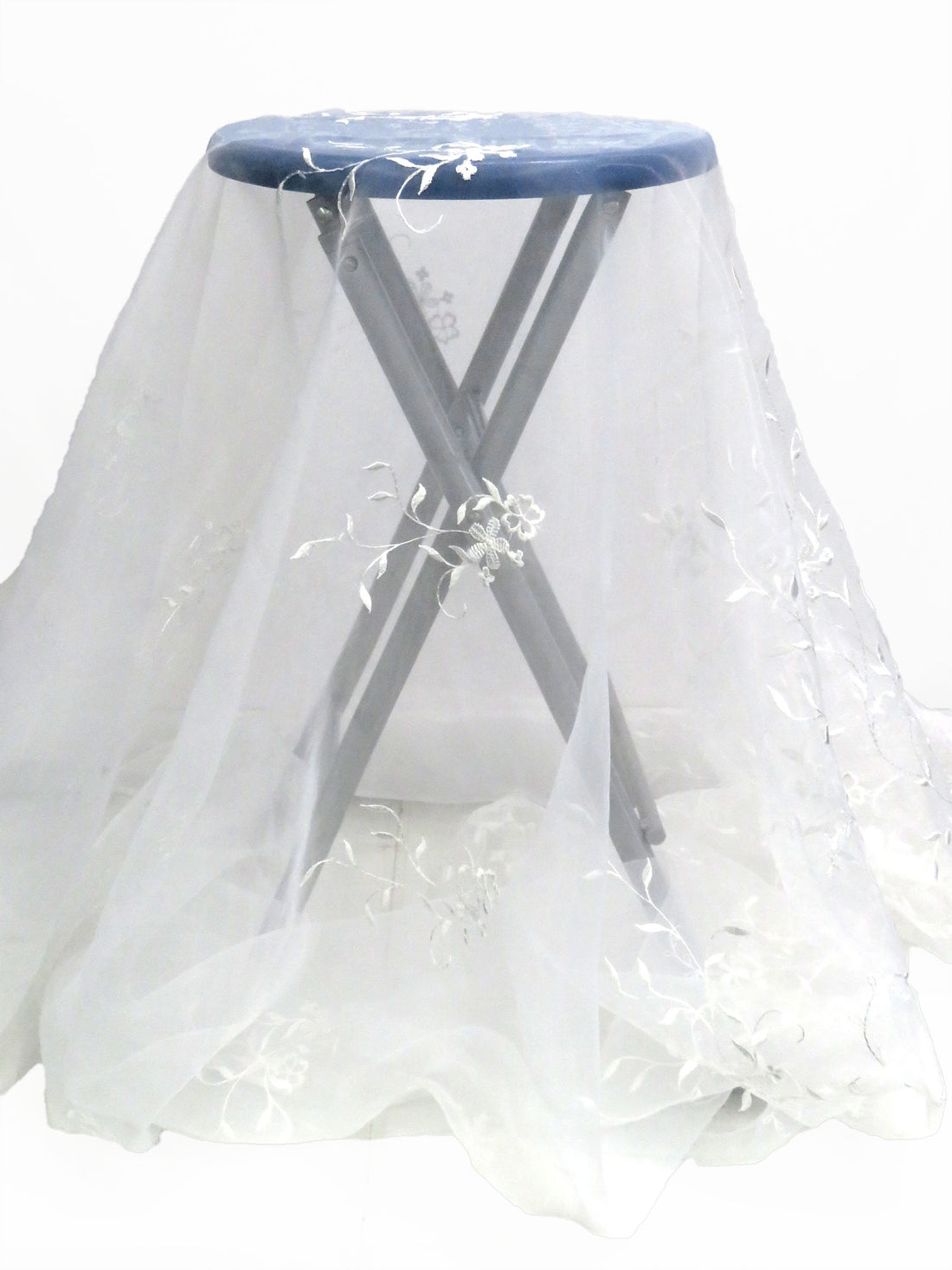 Ghost White 100% Polyester Embroidered Scalloped Single Border Floral Design Organza 58W