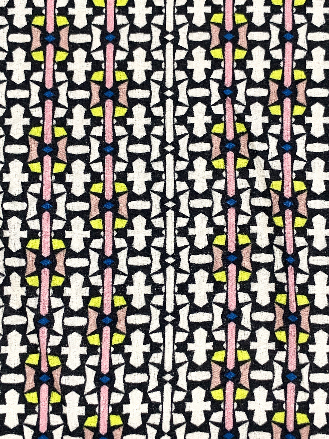 White/Pink Blush/Lemon/Black 100% Rayon Mosaic-Like Motif Print Challis 52W