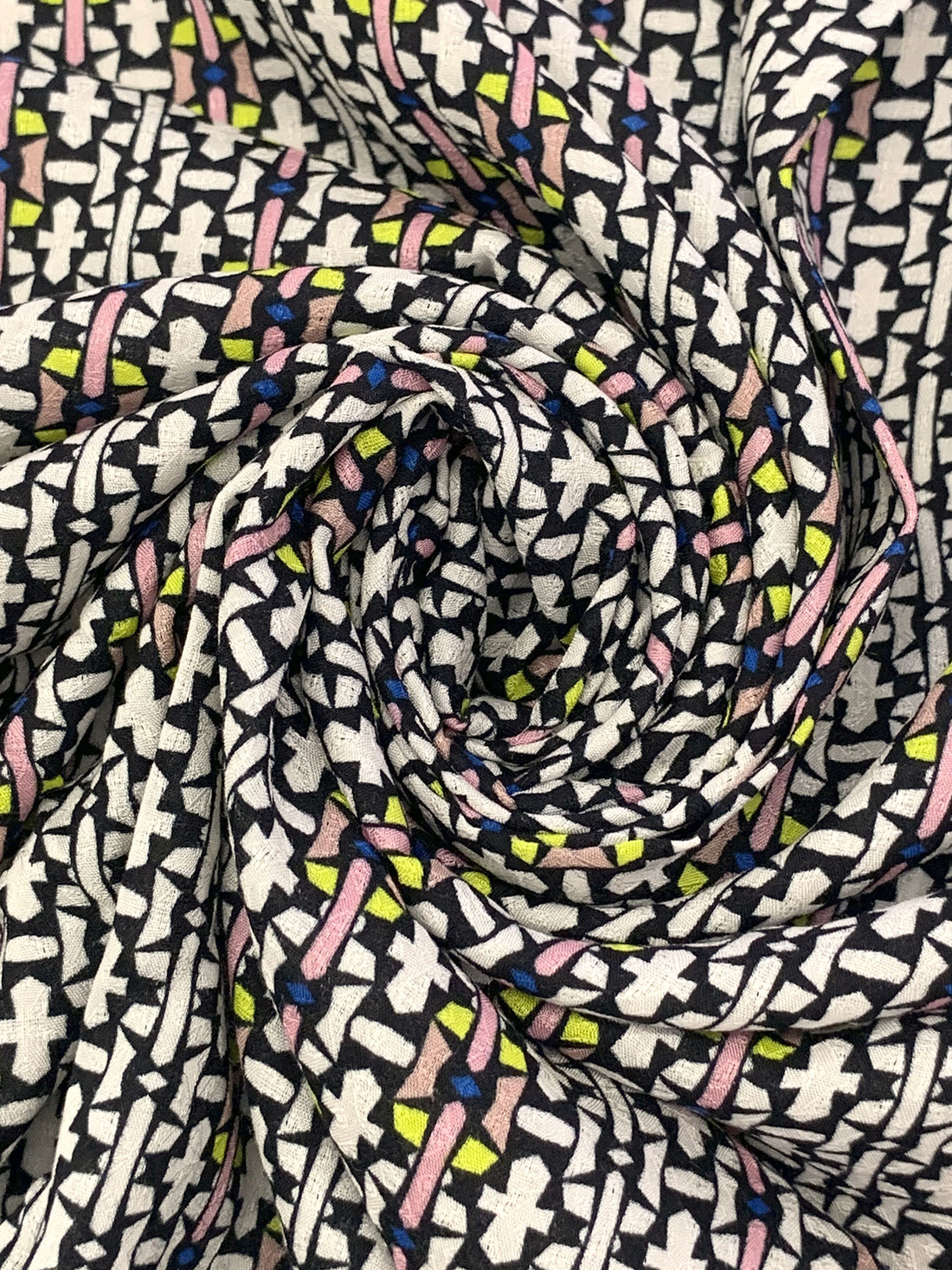 White/Pink Blush/Lemon/Black 100% Rayon Mosaic-Like Motif Print Challis 52W