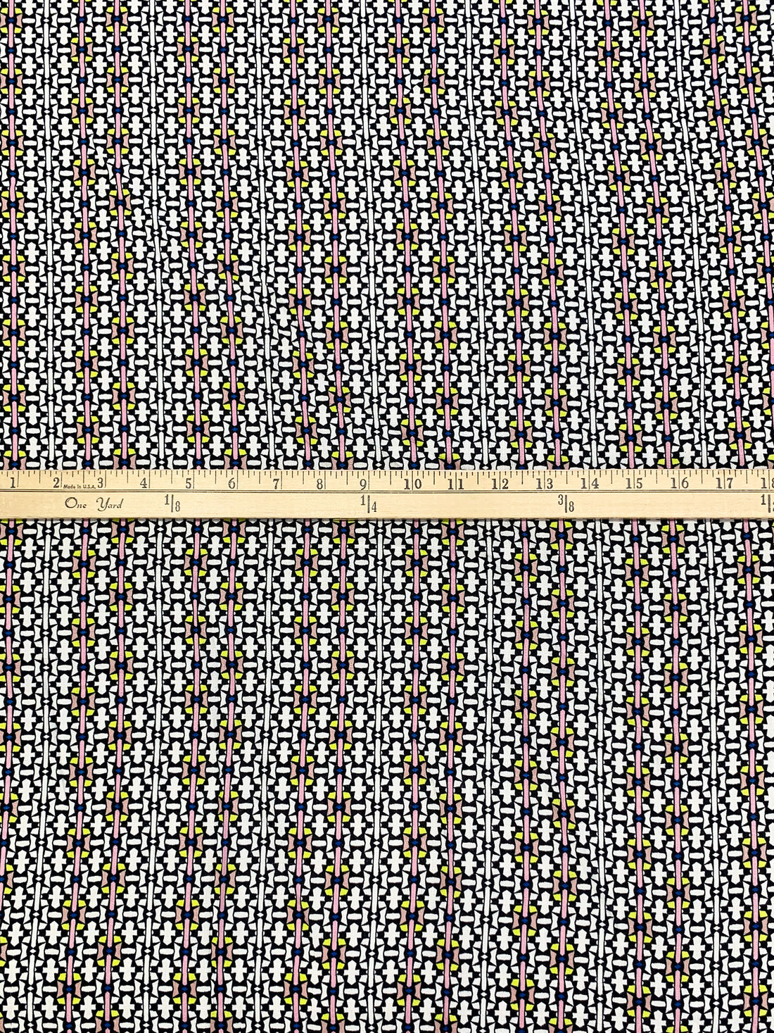 White/Pink Blush/Lemon/Black 100% Rayon Mosaic-Like Motif Print Challis 52W