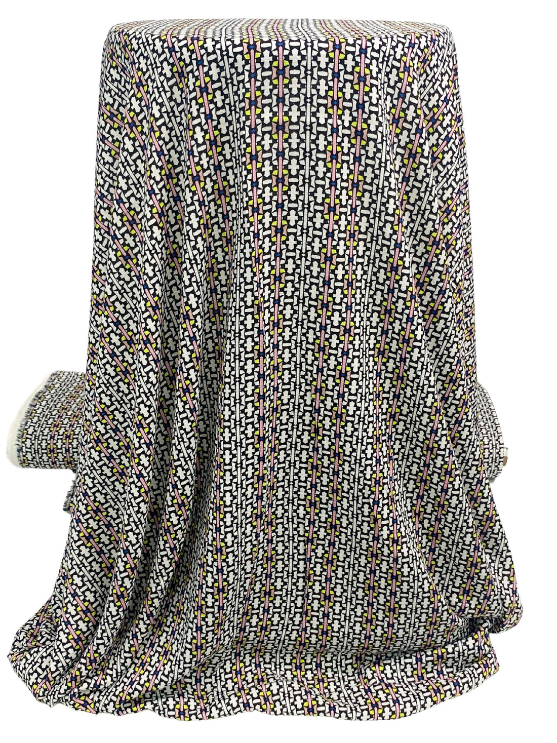 White/Pink Blush/Lemon/Black 100% Rayon Mosaic-Like Motif Print Challis 52W
