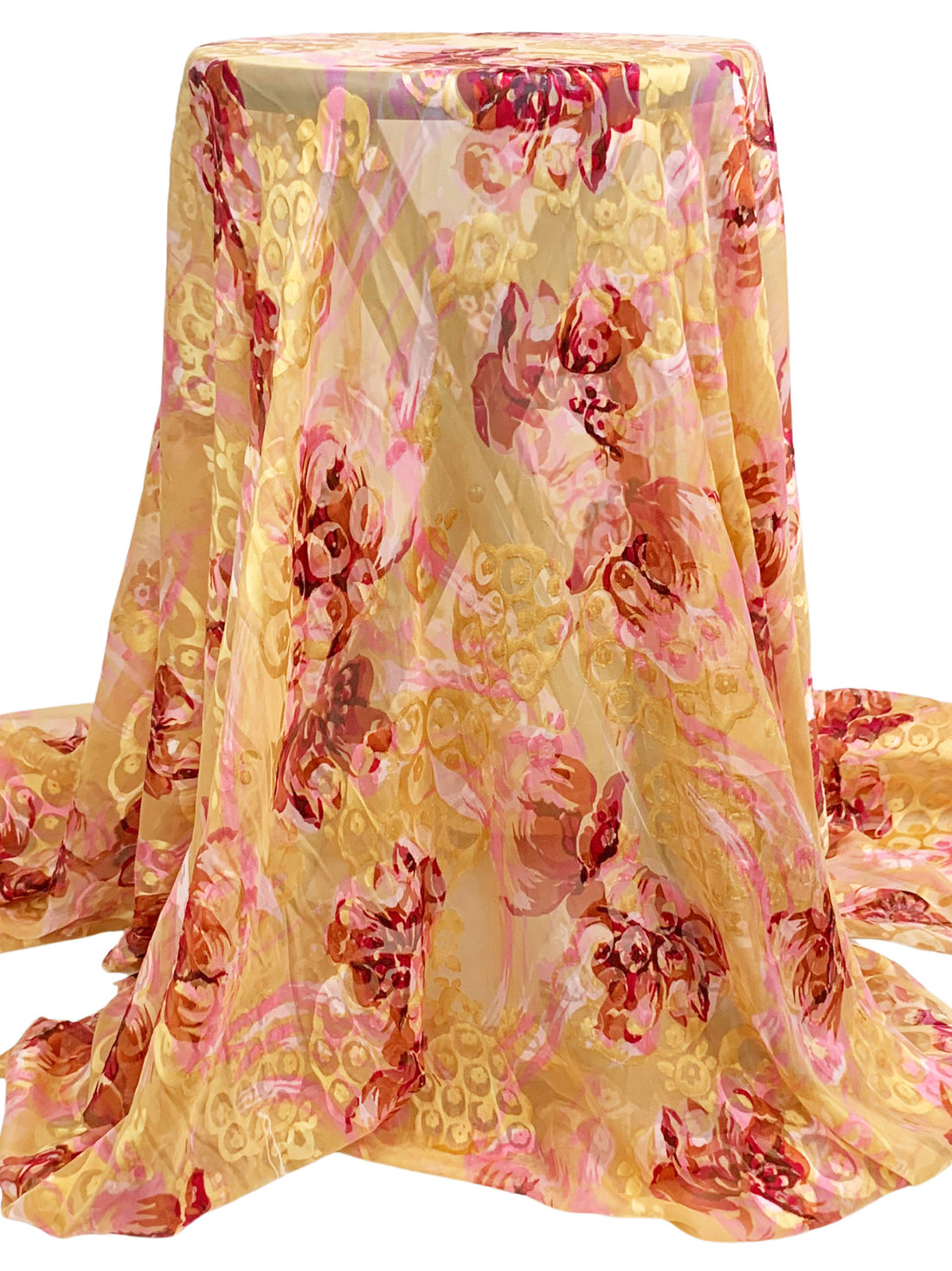 Champagne/Vivid Auburn/Multi Silk/Rayon Floral Burnout Chiffon - NY Designer - 54W