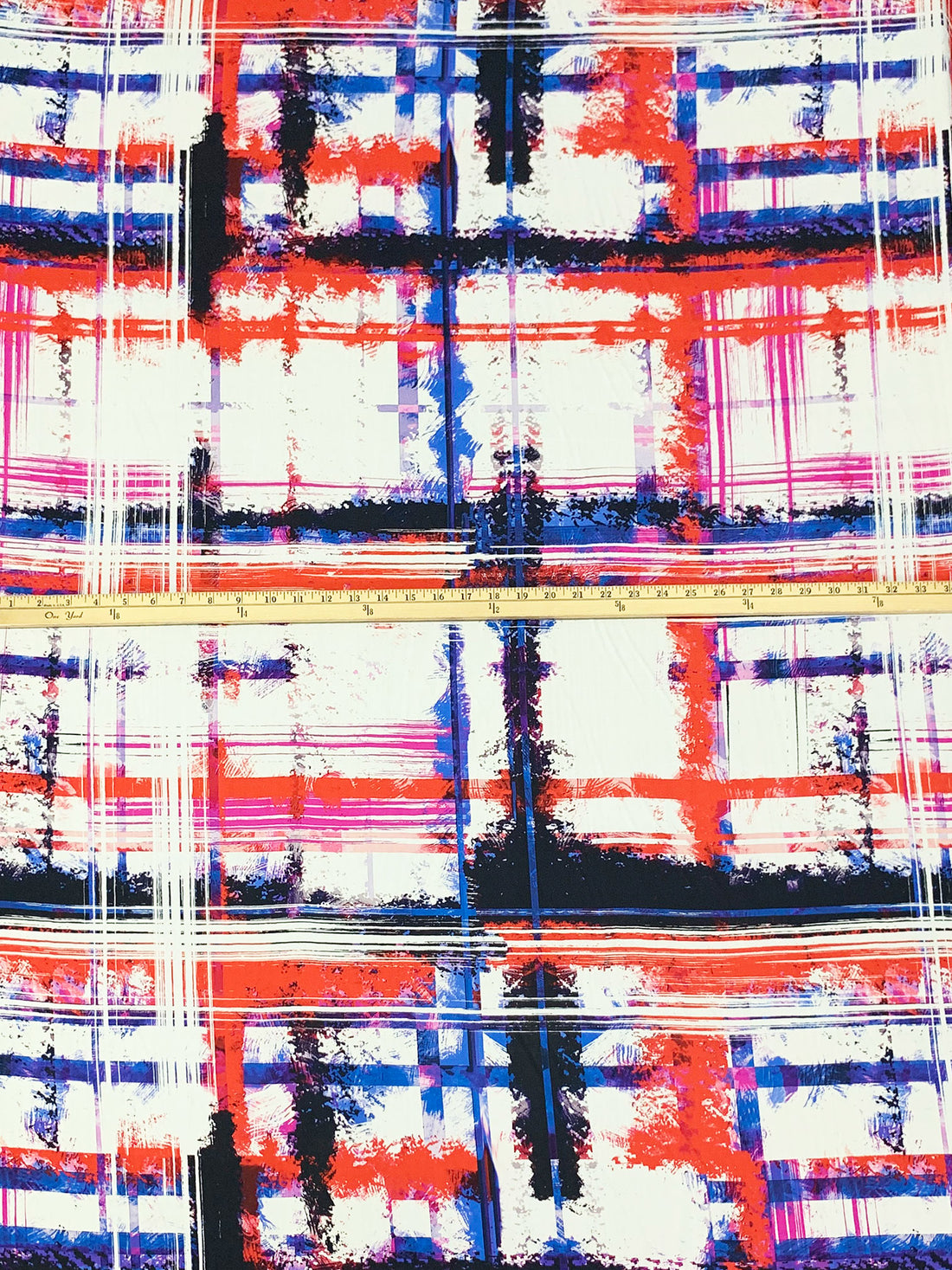 Red/Black/Blue White 100% Silk Gnarled Grid Print Blouse Weight Woven - NY Designer - 56W