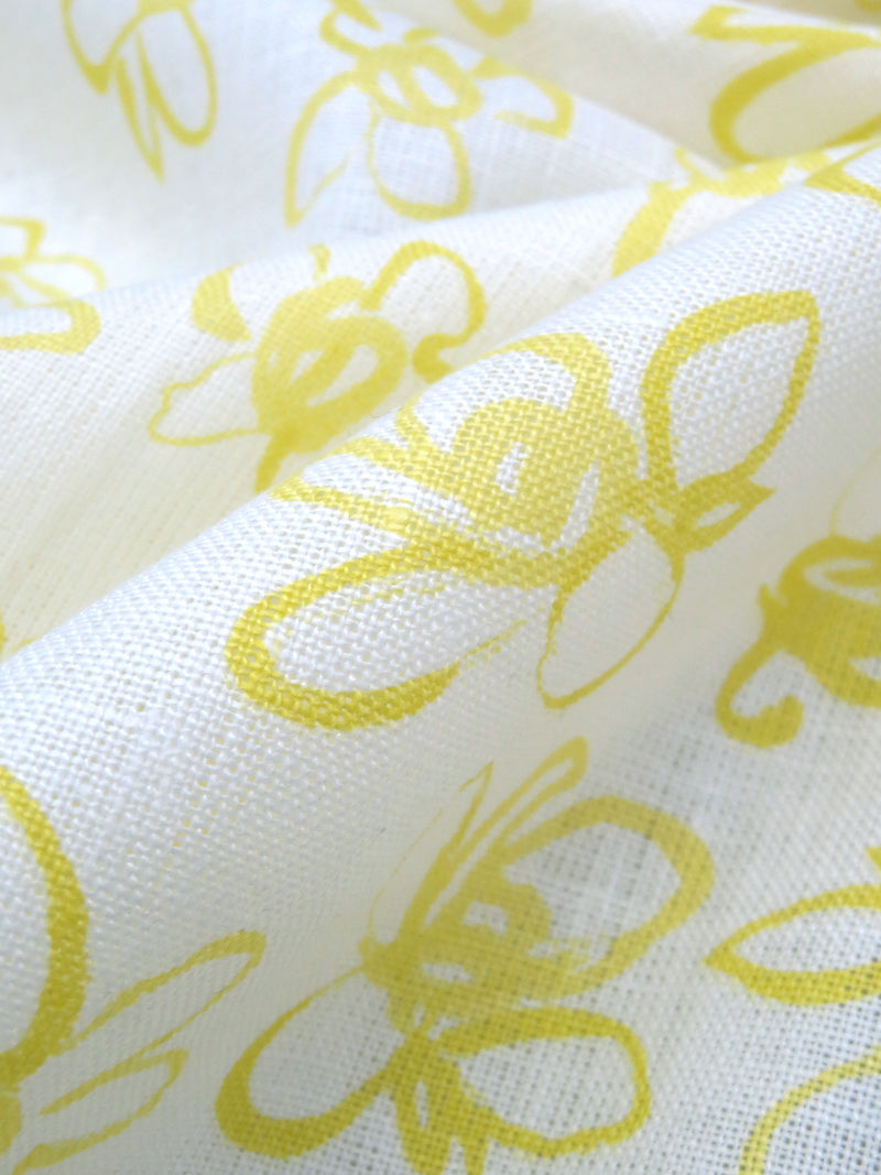 White/Light Pineapple Yellow 100% Linen Freehand Floral Print Linen 60W