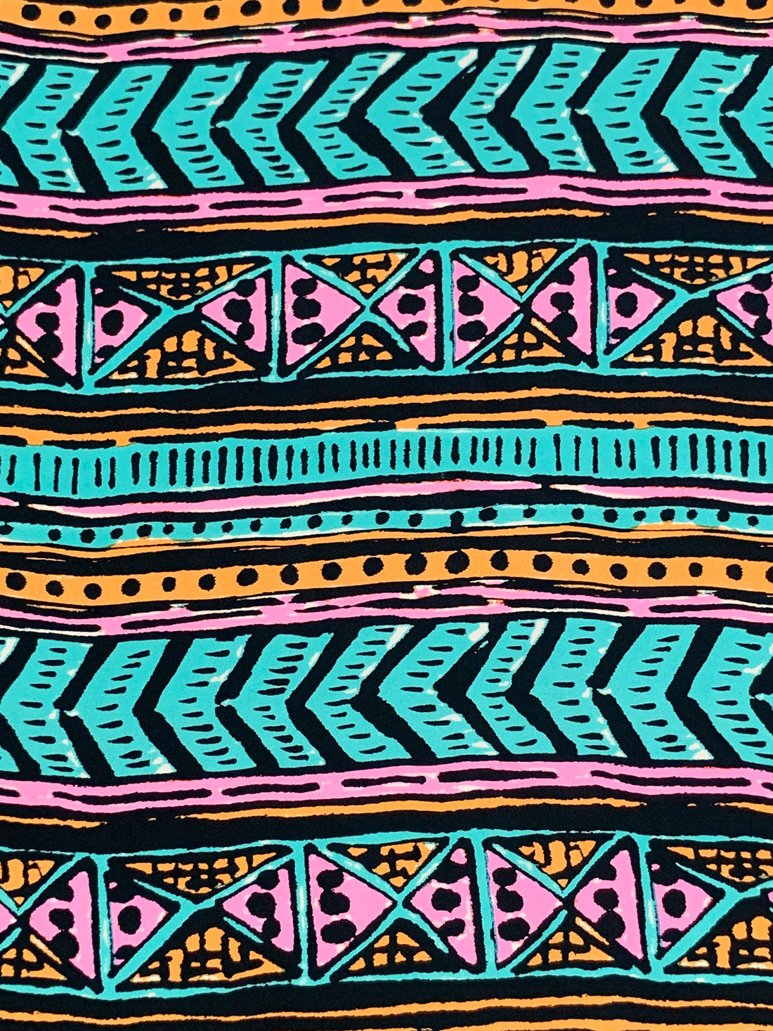 Dark Turquoise/Marigold/Black 100% Silk Horizontal Stylized Geometric Print Habotai - NY Designer - 44W