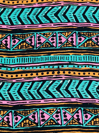 Dark Turquoise/Marigold/Black 100% Silk Horizontal Stylized Geometric Print Habotai - NY Designer - 44W