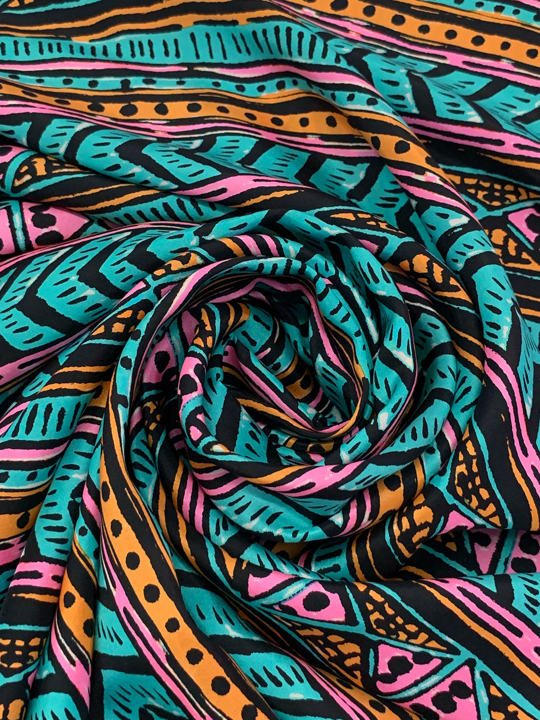 Dark Turquoise/Marigold/Black 100% Silk Horizontal Stylized Geometric Print Habotai - NY Designer - 44W